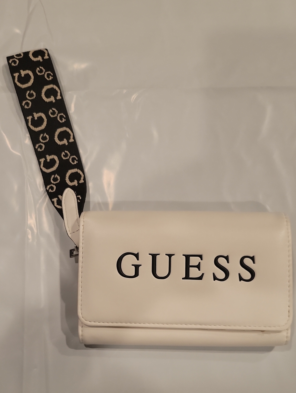GUESS White Wallet with Black Branded Strap